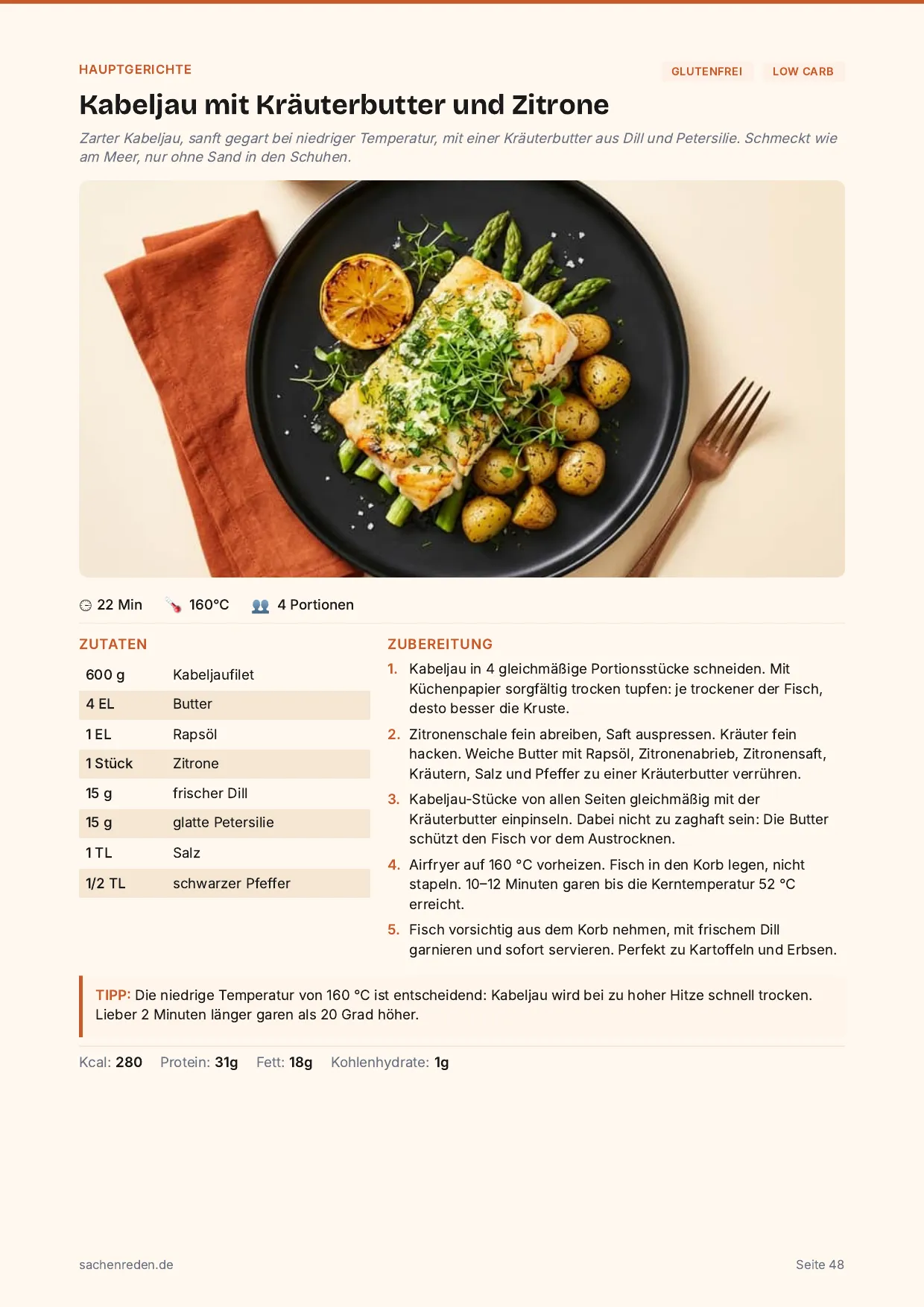 Beispielseite: Kabeljau mit Kräuterbutter und Zitrone